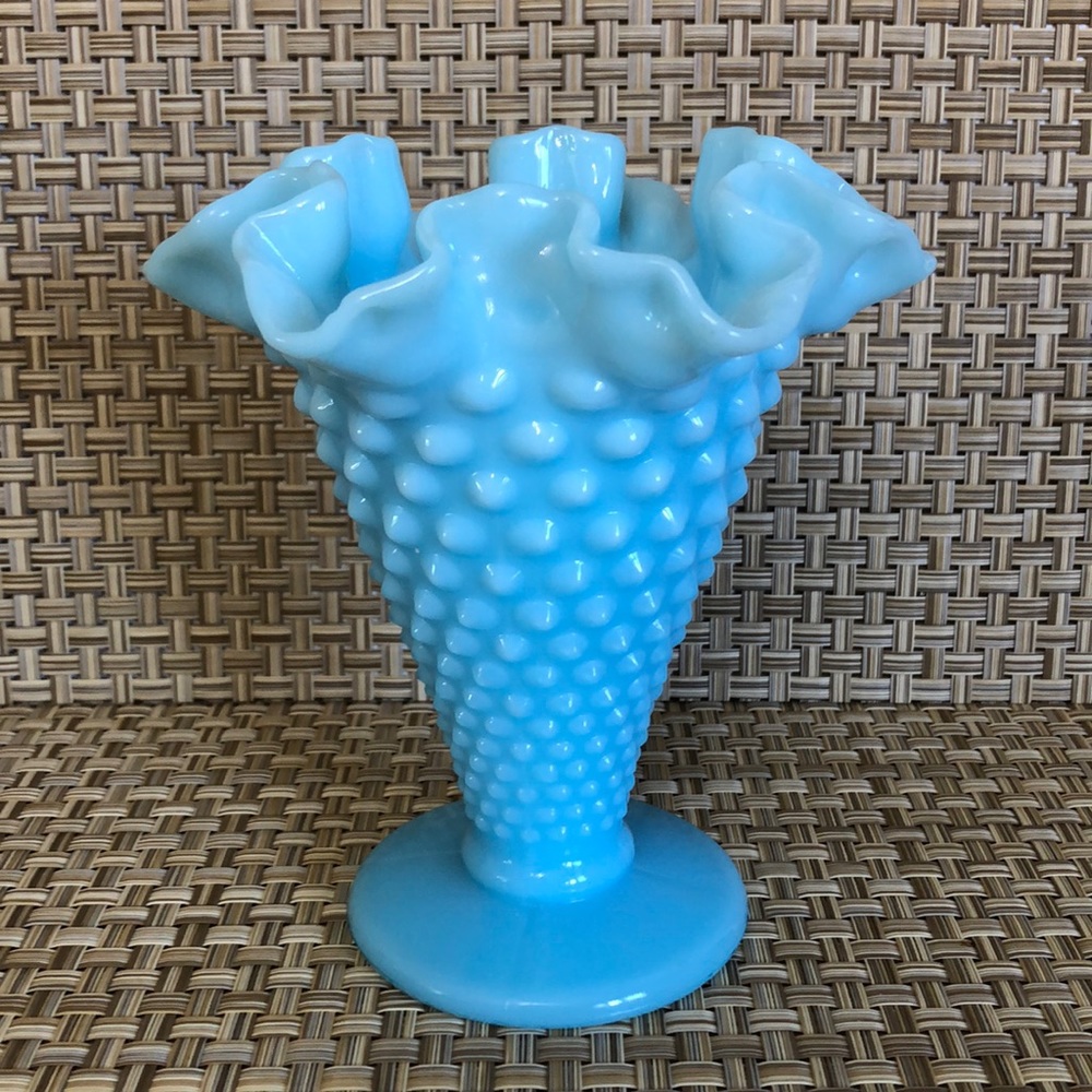 Vintage Fenton Blue Milk Glass Hobnail Crimped Ruffle Edge Trumpet Vase